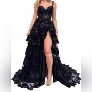 Black Off Shoulder Tiered Lace Prom Dress